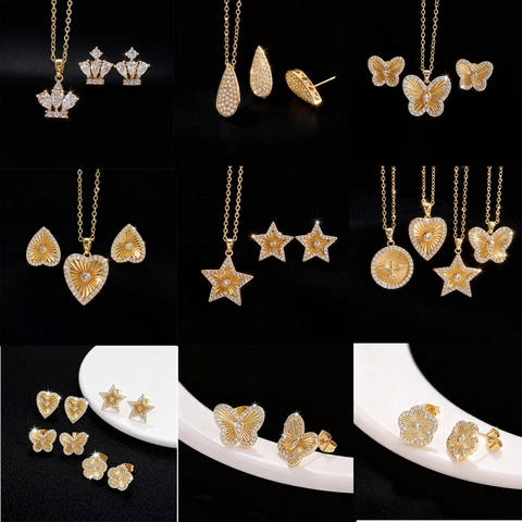 Set di Gioielli di Lusso in Rame e Zirconia Placcato Oro Farfalla Cuore Stella Corona Collana con Ciondolo Orecchini a Bottone per Donna