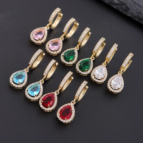 Eleganti Orecchini a Goccia in Rame Placcati Oro Taglio a Pera con Zirconia Colorata Intarsiata Orecchini Donna Regalo