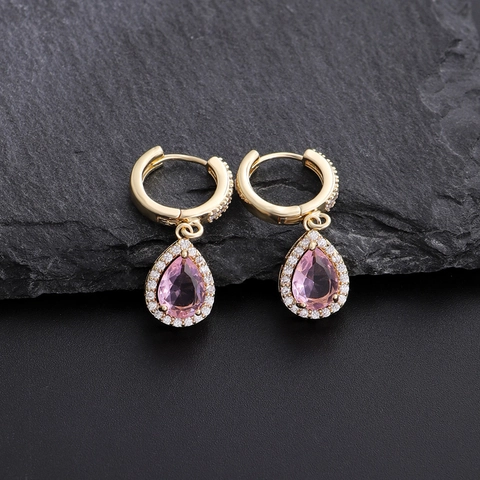 Eleganti Orecchini a Goccia in Rame Placcati Oro Taglio a Pera con Zirconia Colorata Intarsiata Orecchini Donna Regalo