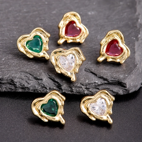 Orecchini a Bottone a Cuore in Rame Placcato Oro con Zirconia Stile Metallo Liquido Gioielli Artistici da Donna