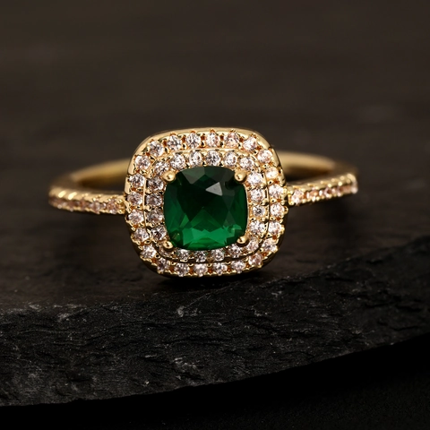 Anello Halo Quadrato in Zirconia Verde Smeraldo Placcato Oro 18K Rame Lusso Matrimonio Festa Gioielli Anello Aperto Regolabile Donna