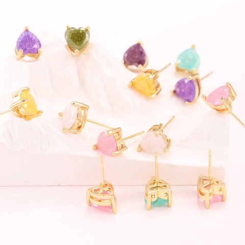 Orecchini a Bottone a Forma di Cuore Donna Rame Placcato Oro Colorato Zircone Druzy Gioielli Geometrici Dolci