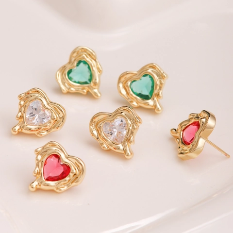 Orecchini a Bottone a Cuore di Lava di Lusso Per Donna Zircone Intarsiato Rame Placcato Oro 18K Stile Metallo Liquido