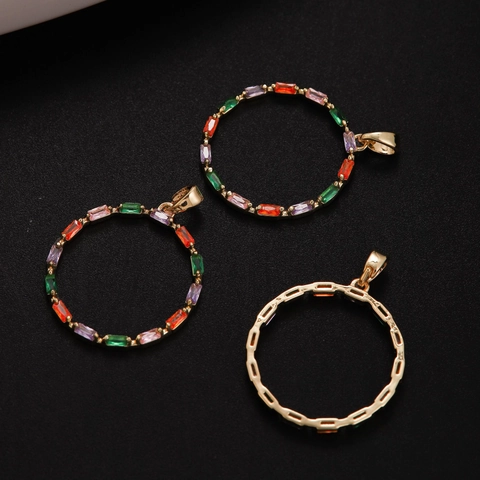 Luxury Colorful Zircon Circular Pendant 18k Gold Plated Copper Baguette Cut Geometric Stone Charm For Women Jewelry Gift