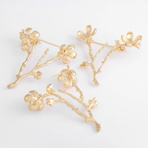 Eleganter Vergoldeter Kupfer Blumenzweig Brosche Zubehör Natürliche Pflaumenblüte Pin Für Damen DIY Schmuckherstellung