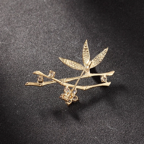 Vintage Copper Bamboo Flower Brooch Pin Gold Plated Rhinestone Inlaid Jewelry For Women Wedding Banquet Party Accessories
