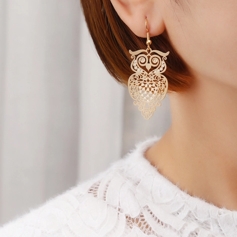 Vintage Copper Hollow Owl Dangle Earrings For Women Rhinestone Animal Drop Earrings Simple Fashion Jewelry Gift