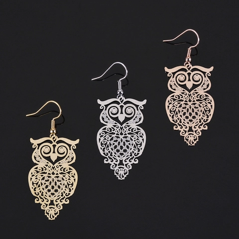 Vintage Copper Hollow Owl Dangle Earrings For Women Rhinestone Animal Drop Earrings Simple Fashion Jewelry Gift