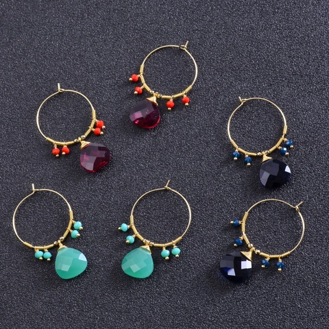 Pendientes de Aro Bohemios de Acero Inoxidable Bañados en Oro Con Piedra de Lágrima Para Mujer Joyería Etnica