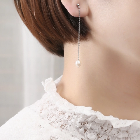 Pendientes Largos de Cadena Minimalistas de Moda Coreana Acero Inoxidable con Perla de Agua Dulce Natural para Mujer Joyería