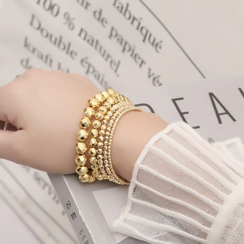 Fashion Minimalist Gold Plated Faceted Hematite Beaded Elastic Bracelet For Women Simple Geometric Round Beads Hand Jewelry