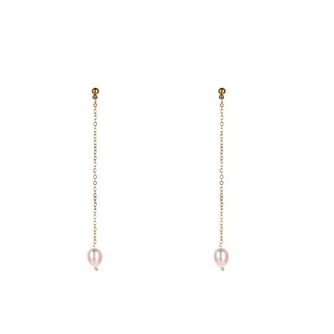 Pendientes Largos de Cadena Minimalistas de Moda Coreana Acero Inoxidable con Perla de Agua Dulce Natural para Mujer Joyería