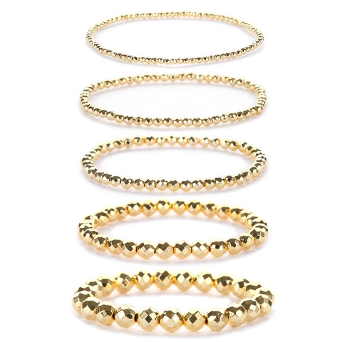 Fashion Minimalist Gold Plated Faceted Hematite Beaded Elastic Bracelet For Women Simple Geometric Round Beads Hand Jewelry