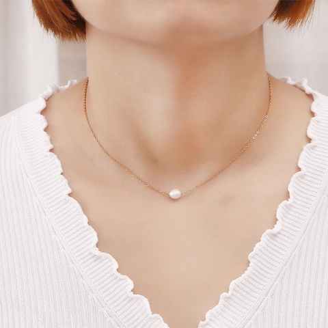 Collar Minimalista De Acero Inoxidable Con Perla De Agua Dulce Natural Elegante Cadena De Clavícula Simple Joyería Mujer