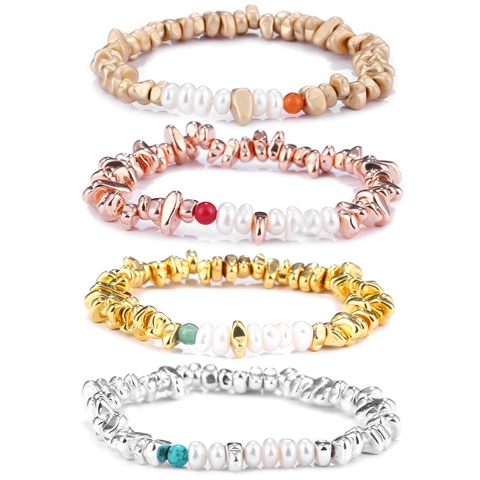 Ensemble de Bracelets en Perles d'Eau Douce à Plusieurs Rangs Bohème pour Femmes Perles en Métal Irrégulières Or Argent Rose