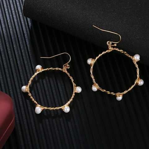 Orecchini a Cerchio in Rame Vintage Francese Con Filo Intrecciato a Mano E Perle d'Acqua Dolce Tonde Gioielli Donna Eleganti