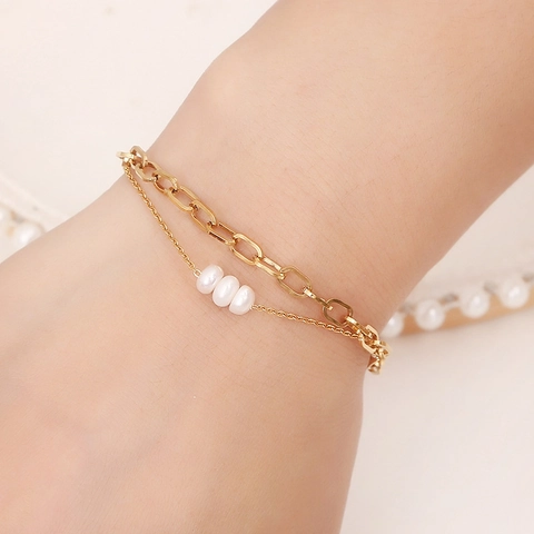 Waterproof Stainless Steel Jewelry Set For Women Double Row Chain Freshwater Pearl Necklace Bracelet Long Drop Earrings