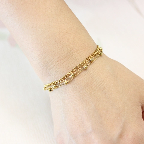 Stainless Steel Evil Eye Layered Bracelet For Women 18K Gold Plated Waterproof Double Row Bead Chain Fashion Jewelry Gift