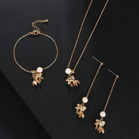 Set di Gioielli Pesce Rosso in Stile Cinese Placcato in Oro Vero Rame Collana Bracciale Orecchini a Pendente Con Perla d'Acqua Dolce