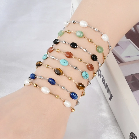 Pulsera de Cuentas de Piedra Natural y Perla de Agua Dulce de Acero Inoxidable para Mujer Estilo Coreano Chapado en Oro Plata Joyería Ajustable