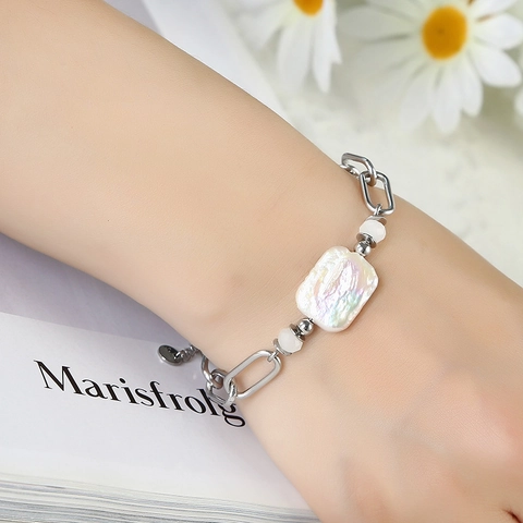 Waterproof Stainless Steel Rectangular Freshwater Pearl Necklace and Bracelet Set For Women Fashion Jewelry Jewelry Set