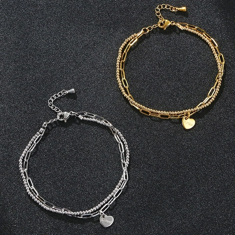 Bracciale a Doppio Strato in Acciaio Inossidabile per Donna Pendente a Cuore Catena a Graffetta Sfere Oro Argento Gioielli