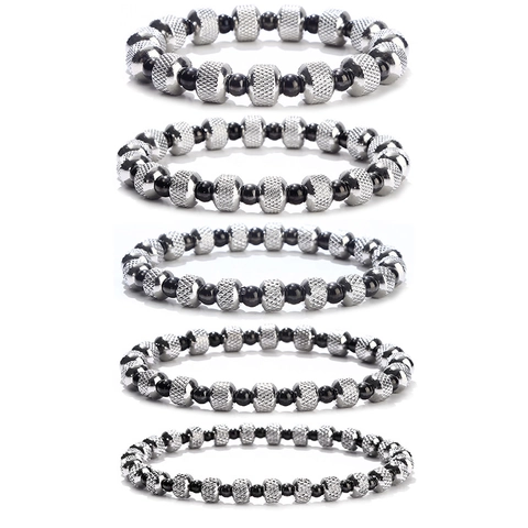 Stainless Steel Mesh Texture Beaded Bracelet Waterproof Non-fading Bicolor Metal Beads Elastic Hand Chain Jewelry For Unisex