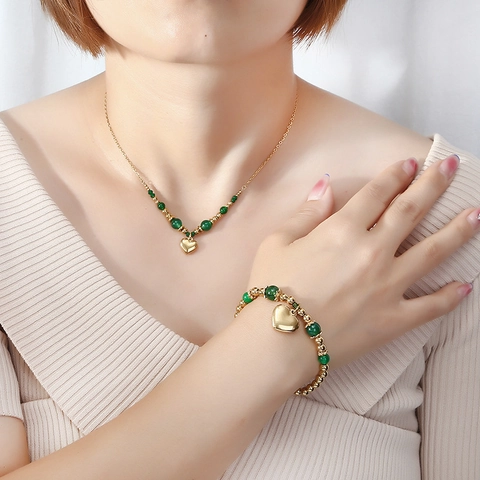 Parure de Bijoux Pendentif Cœur en Acier Inoxydable pour Femme Collier et Bracelet de Perles en Agate Rouge Verte et Perle d'Eau Douce Plaqué Or