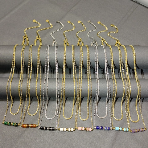Exquisite 18K Gold Plated Stainless Steel Double Layer Necklace For Women Waterproof Colorful Natural Stone Cylindrical Bead Pendant Minimalist Clavicle Chain Jewelry