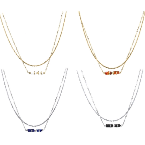 Exquisite 18K Gold Plated Stainless Steel Double Layer Necklace For Women Waterproof Colorful Natural Stone Cylindrical Bead Pendant Minimalist Clavicle Chain Jewelry