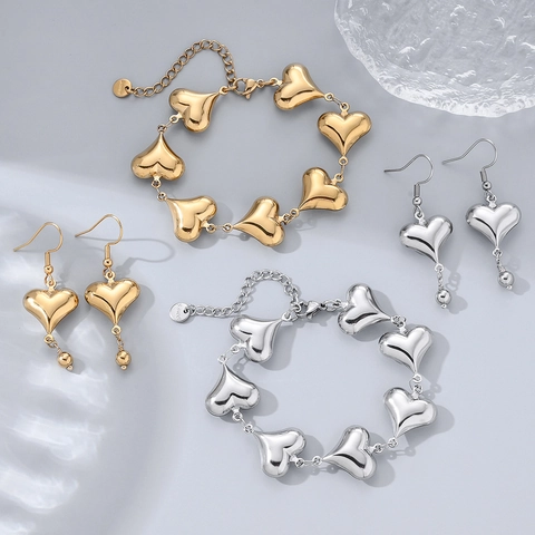Mode Edelstahl Herz Schmuck Set Für Damen 18K Vergoldet Herz Charm Armband Und Hängeohrringe Pendel Zubehör