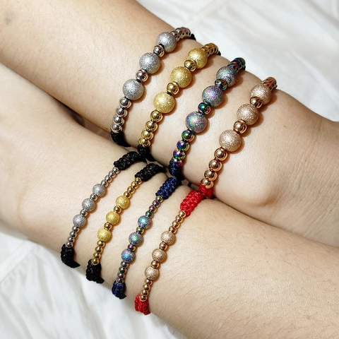 Pulsera Trenzada de Cuentas de Acero Inoxidable para Mujeres y Hombres Cuentas de Metal Esmerilado Pulsera de Cuerda Ajustable Joyería Étnica Hecha a Mano