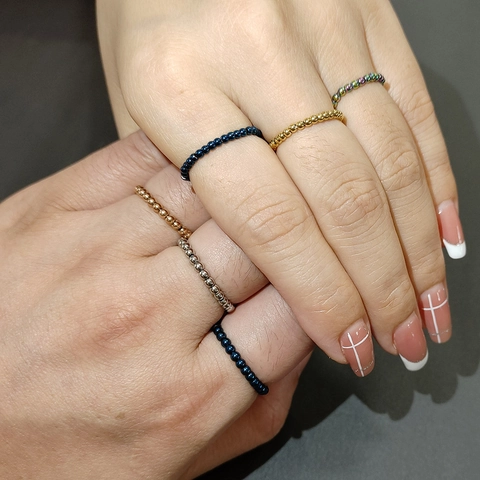Minimalist Titanium Steel Beaded Elastic Ring For Women Men Waterproof Stackable Couple Jewelry Polished Bead Band Ring
