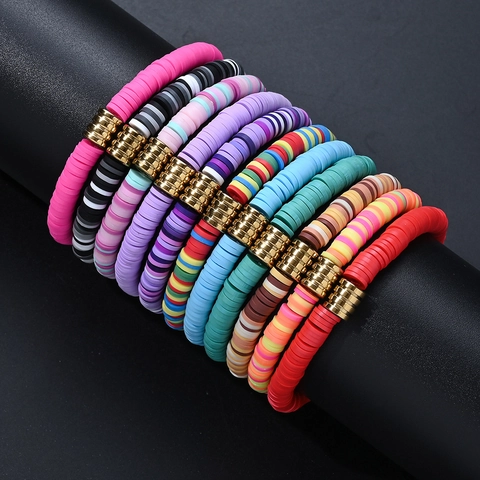 Pulsera Bohemia de Cuentas Heishi de Arcilla Polimérica de Colores para Mujer Hombre Espaciadores de Oro Acero Inox Elástica Joyas de Playa de Verano