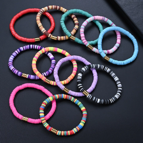 Pulsera Bohemia de Cuentas Heishi de Arcilla Polimérica de Colores para Mujer Hombre Espaciadores de Oro Acero Inox Elástica Joyas de Playa de Verano