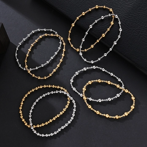 Minimalist Stainless Steel Bead Bracelet For Women Men Gold Silver Plated Round Ball Elastic Hand Chain Waterproof Jewelry Gift