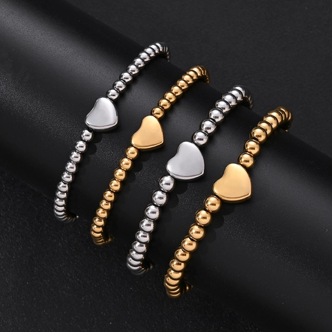 Semplice Bracciale Elastico in Acciaio Inossidabile con Perline a Cuore per Coppie Oro Argento PVD Lucido Gioielli Regalo
