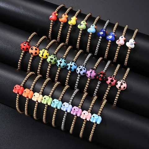 Pulsera de Cuentas de Acero Inoxidable Mujer Dijes Animales Cerámica Elefante Pato Mariquita Elástico PVD Joyería Moda