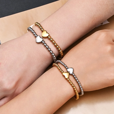 Semplice Bracciale Elastico in Acciaio Inossidabile con Perline a Cuore per Coppie Oro Argento PVD Lucido Gioielli Regalo