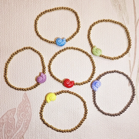Pulsera de Cuentas de Acero Inoxidable Serie Océano Dije de Cerámica Colorida Tortuga Marina Caracola Joyería Elástica