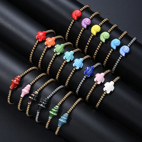 Pulsera de Cuentas de Acero Inoxidable Serie Océano Dije de Cerámica Colorida Tortuga Marina Caracola Joyería Elástica