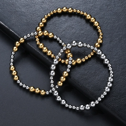 Bracciale Elastico con Perline in Acciaio Inossidabile per Donna Uomo Oro Argento Placcato PVD Gioielli alla Moda Minimalisti Regalo