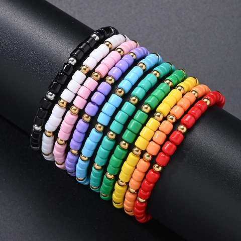 Pulsera Elástica Bohemia de Cuentas de Vidrio Coloridas Con Cuentas Espaciadoras de Acero Inoxidable Chapado en Oro PVD Joyería Mujer