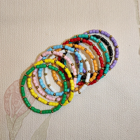 Pulsera Elástica Bohemia de Cuentas de Vidrio Coloridas Con Cuentas Espaciadoras de Acero Inoxidable Chapado en Oro PVD Joyería Mujer