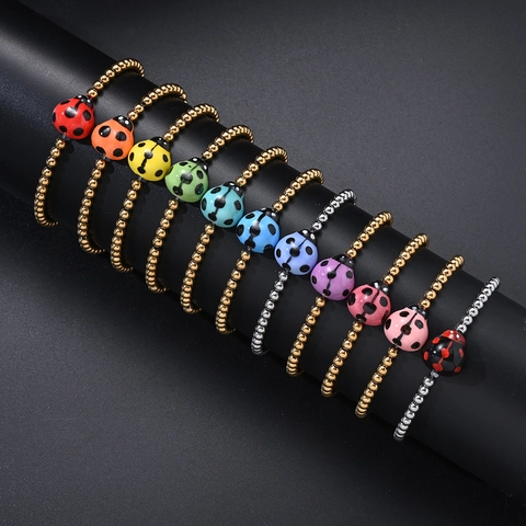 Fashion Animal Style Ceramic Ladybug Stainless Steel Elastic Beaded Bracelet 18K Gold Plated Women Jewelry Ladybird Charm