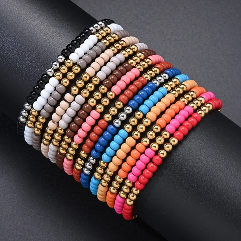 Pulsera de Cuentas de Semilla y Acero Inoxidable Bohemio Colorido Para Mujer Hombre Elástico Pulsera Apilable Joyería Étnica Nativo Americano