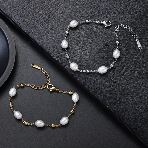Bracciale in Acciaio Inossidabile con Perle d'Acqua Dolce per Donna Placcato Oro Argento Elegante Barocco Minimalista Gioielli