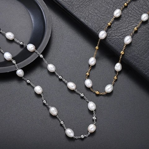 Elegante Collana in Acciaio Inossidabile con Perle d'Acqua Dolce Placcata Oro Argento PVD Catena a Clavicola Gioielli Donna