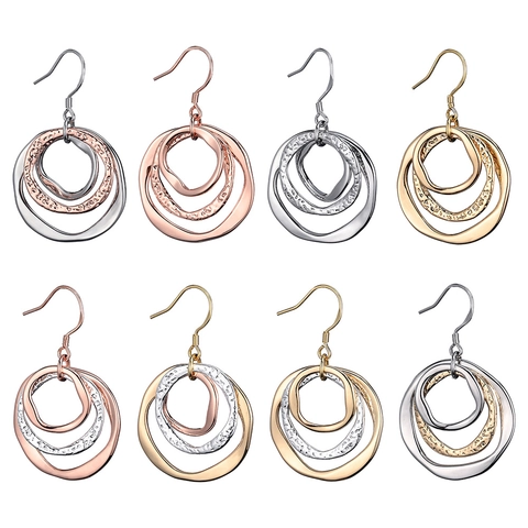 Pendientes de Triple Anillo Superpuesto Irregular Con Poste de Plata de Ley 925 Aleación de Zinc Martillado Pendientes Geométricos para Mujer