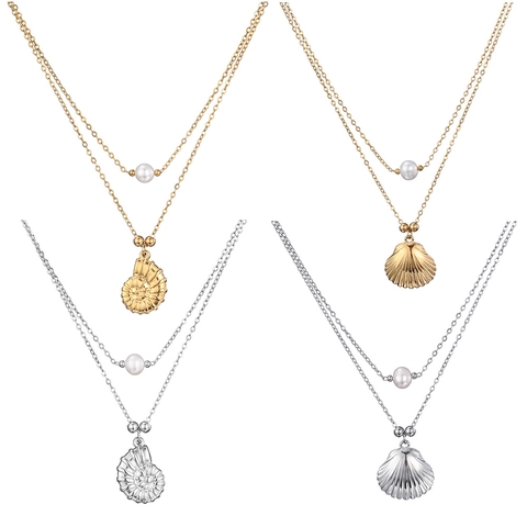 Collar de Doble Capa de Acero Inoxidable Con Colgante de Concha de Perla de Agua Dulce Joyería Chapada en PVD Oro Plata para Mujer